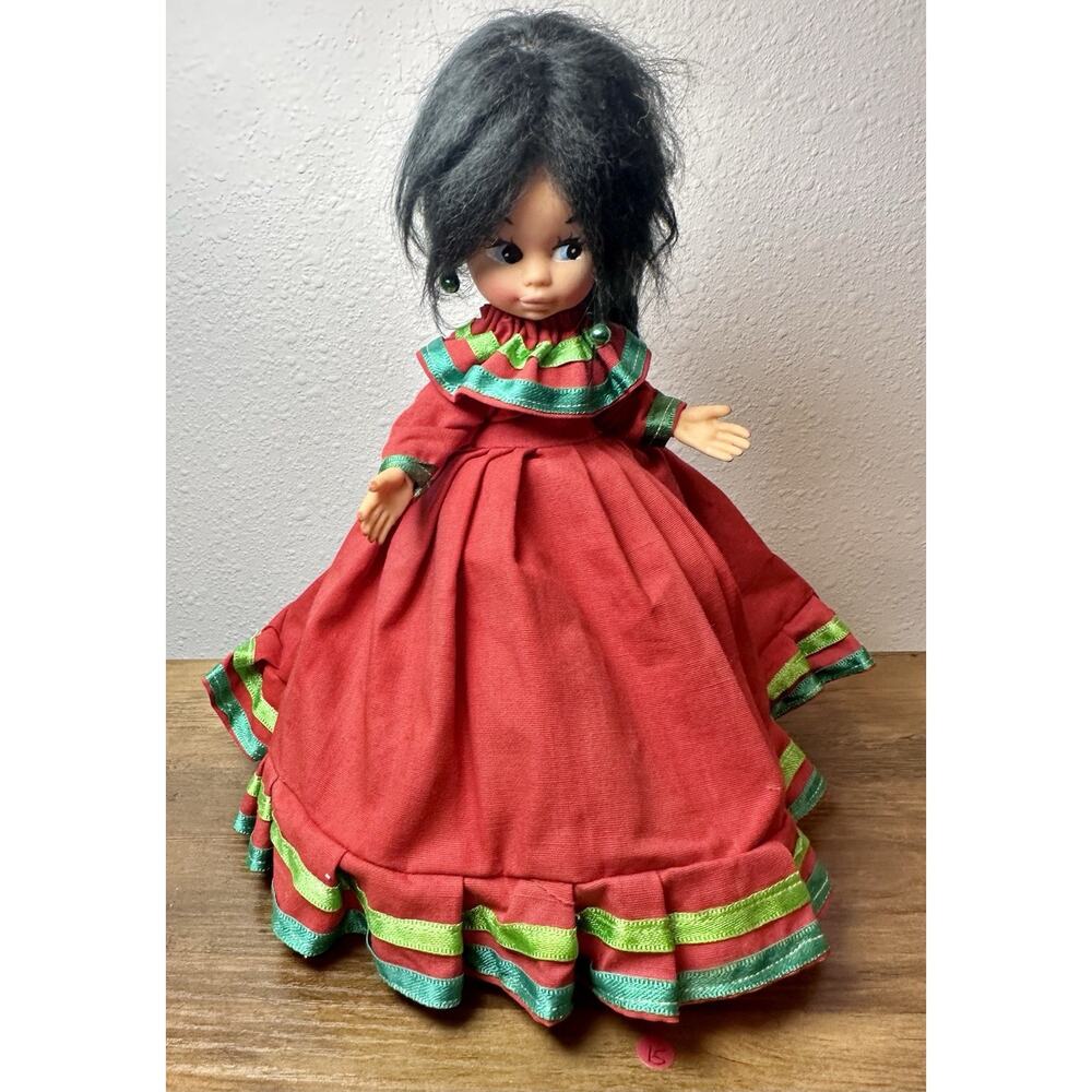 Vintage Folk Doll in Red Green Dress 20” Handmade Holiday Style Display Doll